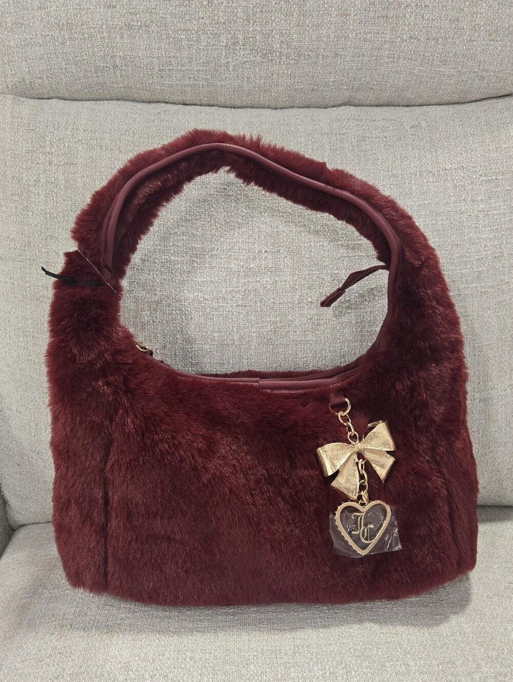 Juicy Couture Burgundy Faux Fur Shoulder Bag with Gold Bow Charm